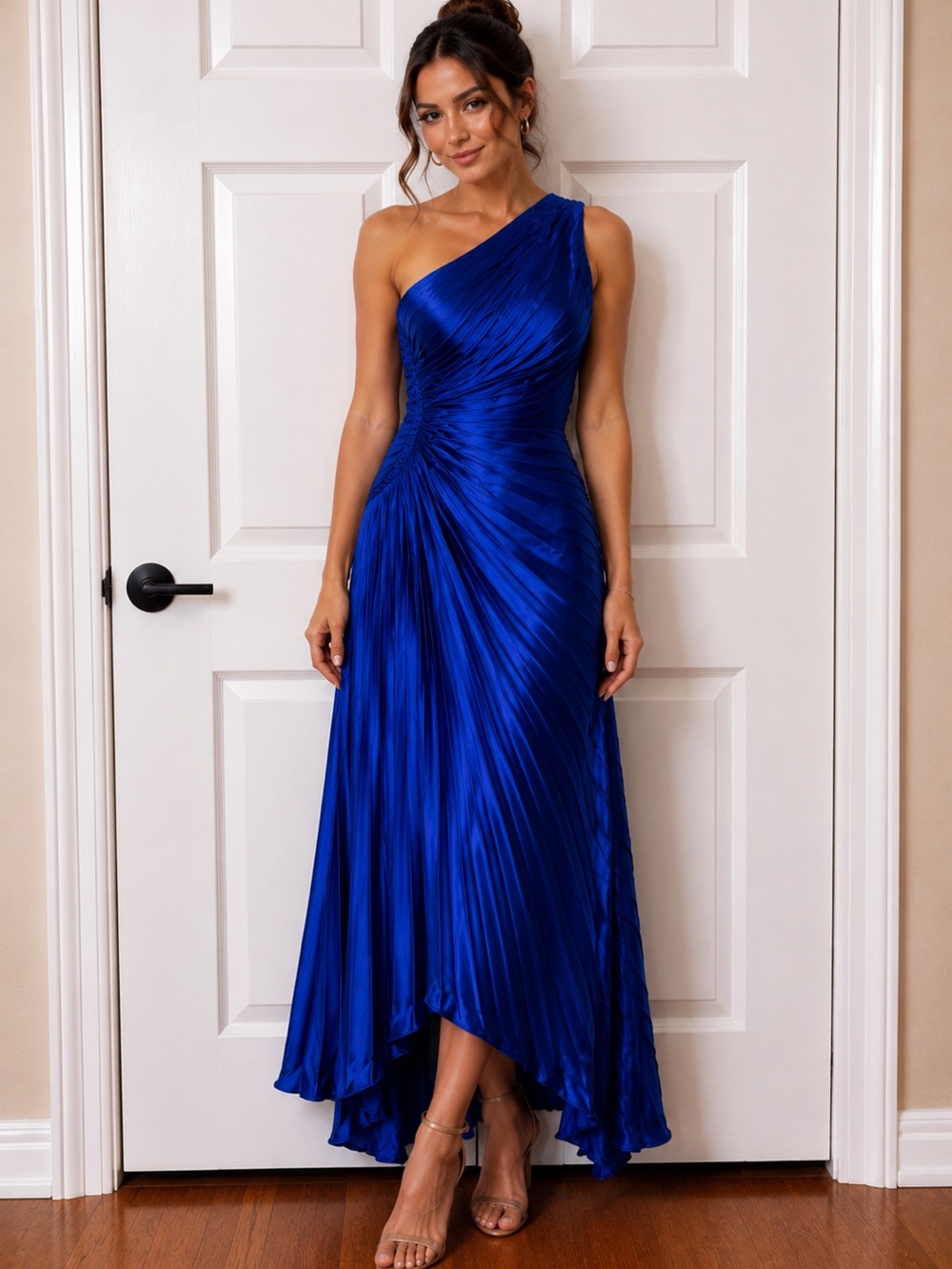 One-Shoulder Royal Blue Pleated Evening Dress